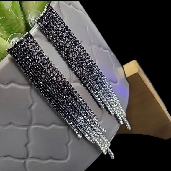 Ombre Black, Navy, White Rhinestone Dangle Earrings - Picture 1 of 8